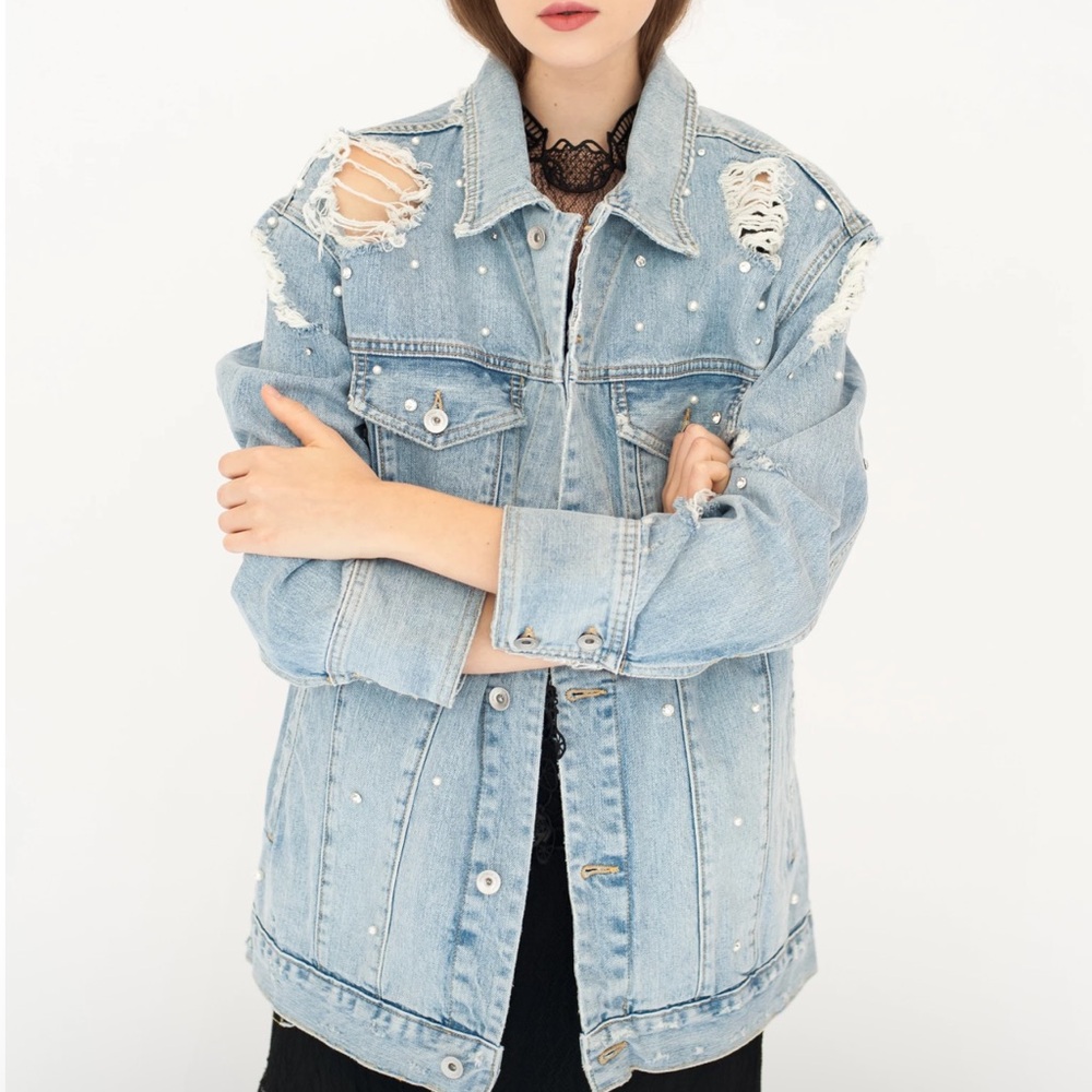 $545 Jonathan Simkhai Distressed Light Blue Denim Jacket S